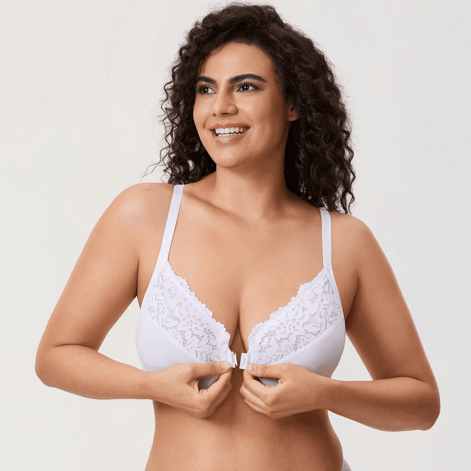 Front view of plus size white cotton front closure bra with lace upper cups and molded padding - MissFine