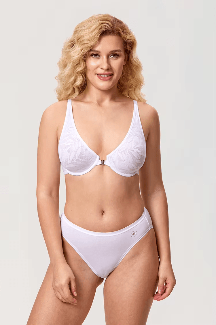 Back view of nude lace bra with seamless band and gold-tone strap hardware - MissFine