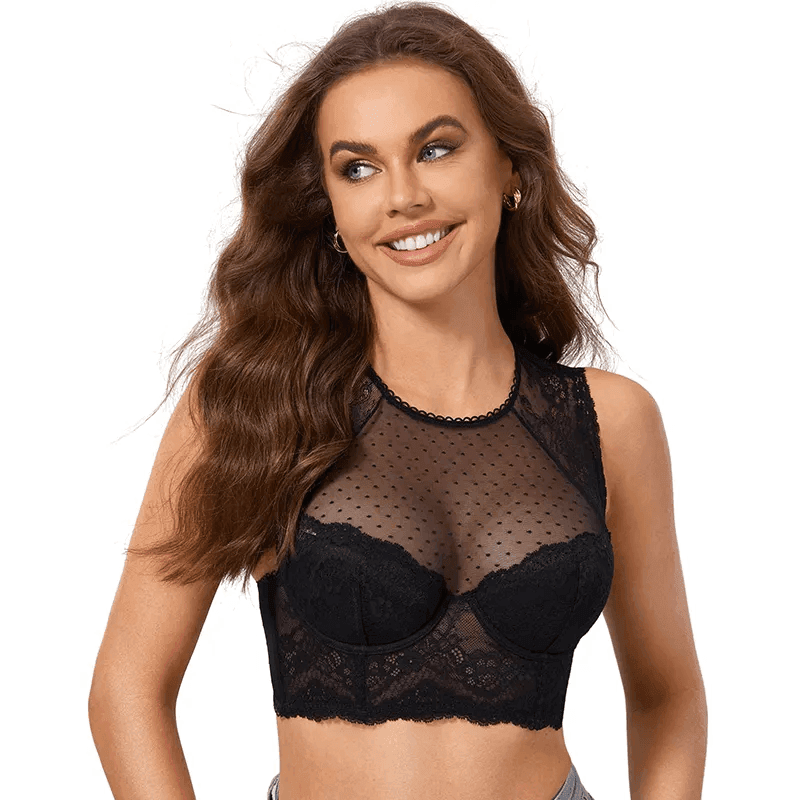 Front view of black lace longline full cup support bra with high neckline - MissFine