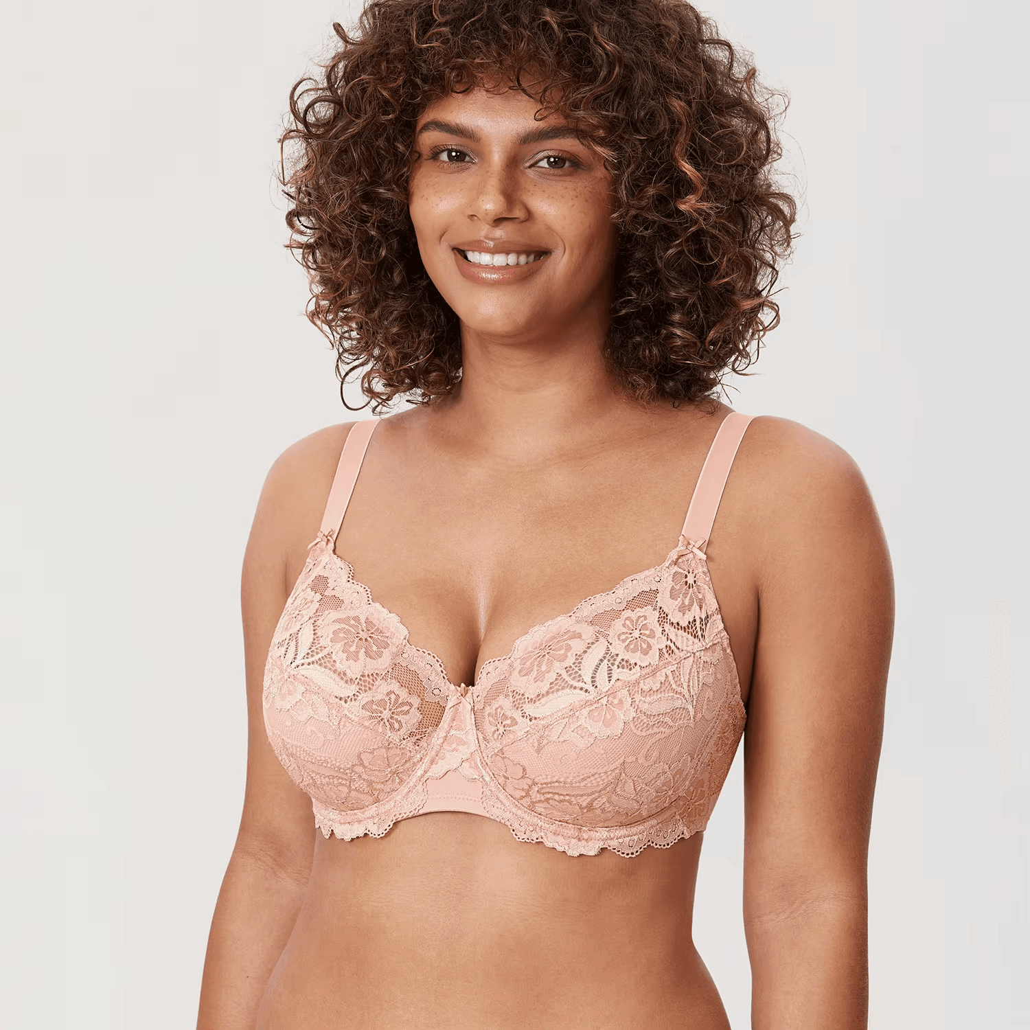 Close-up of blush pink Spanish lace overlay and scalloped neckline on moulded cotton cups - MissFine