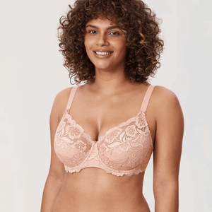 Close-up of blush pink Spanish lace overlay and scalloped neckline on moulded cotton cups - MissFine
