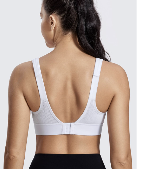 Close-up of breathable mesh back panel and adjustable straps on plus-size sports bra - MissFine