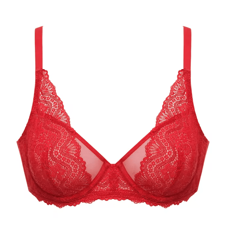 Close-up of unpadded lace cups on black underwired non padded bra with sheer mesh overlay - MissFine