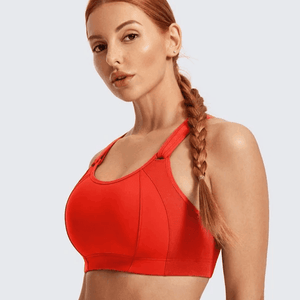Front view of orange red wire-free racerback sports bra with full coverage cups and wide band - MissFine