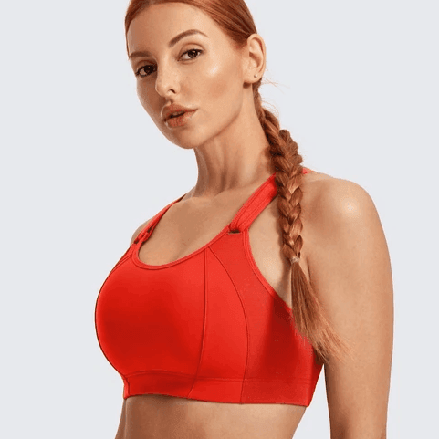 Front view of orange red wire-free racerback sports bra with full coverage cups and wide band - MissFine