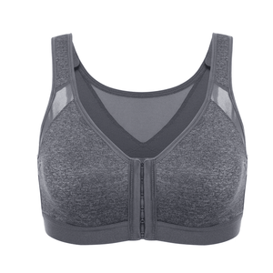 Front close-up gray zip front bra with heathered cups and breathable mesh upper chest panels - MissFine