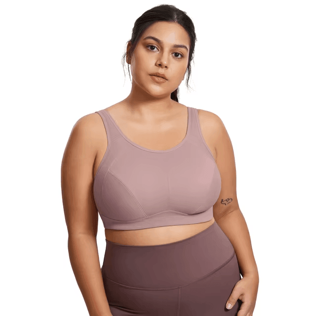 Front view of dusty mauve full coverage sports bra with supportive seamed cups and soft underband - MissFine