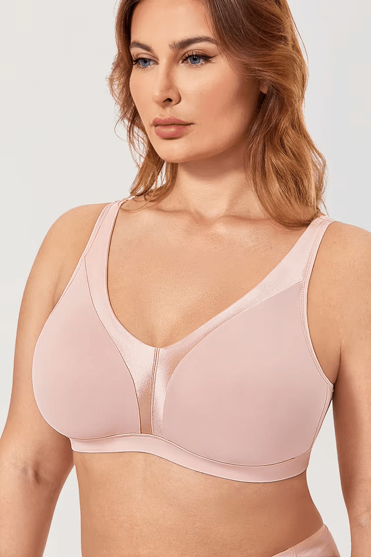 Side view of plus size minimiser bra showing wide underband and adjustable straps - MissFine