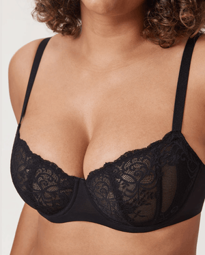 Front view of black lace underwire bra with full cup coverage and adjustable straps - MissFine