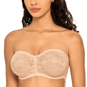 Front view of nude lace strapless bra showing sweetheart neckline and padded cups - MissFine