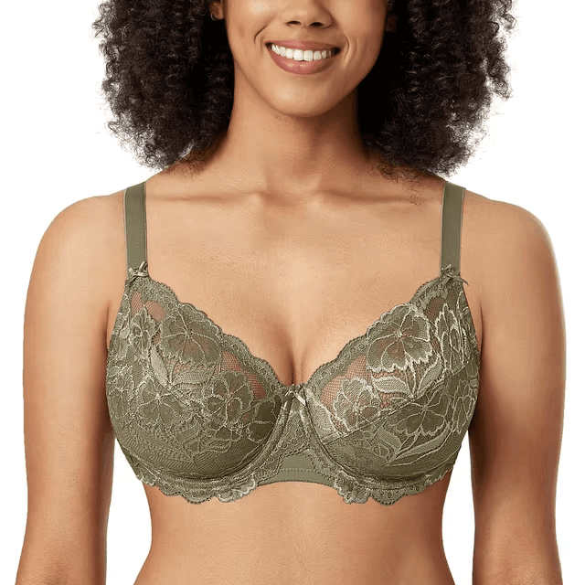 Front view light green Spanish lace underwired bra with plunge neckline and adjustable straps - MissFine