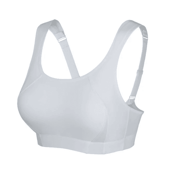 Close-up of pull-on sports bra band and molded cup shaping in neutral yellow fabric - MissFine
