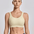 Front view plus-size white sports bra with smooth molded cups and wide underband for support - MissFine