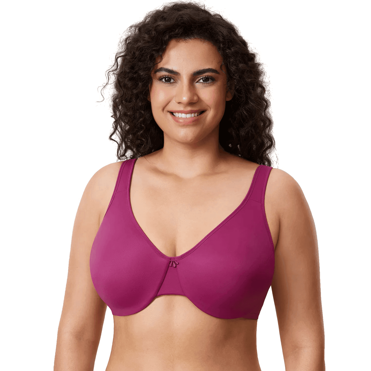 Front view of magenta full cup underwired bra with seamless molded cups and V-neckline - MissFine