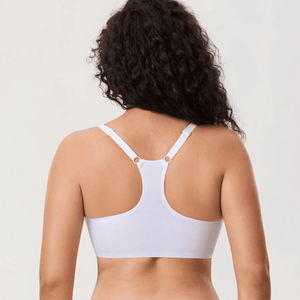 Back view of white racerback-style plus size bra with smooth seamless cups and wide underband - MissFine