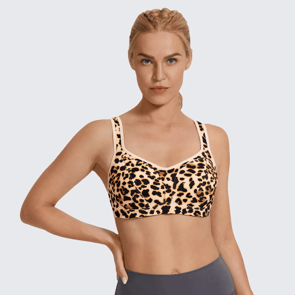 Front view of leopard print full coverage sports bra with padded molded cups - MissFine