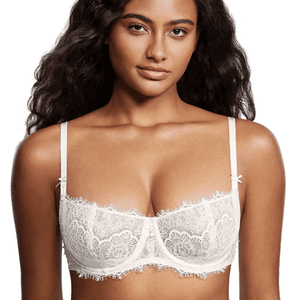 Side angle of light purple lace full cup bra showing semi-sheer floral overlay and straps - MissFine