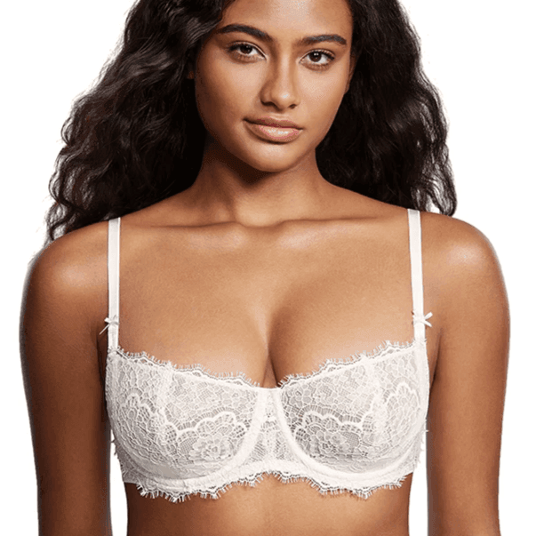 Side angle of light purple lace full cup bra showing semi-sheer floral overlay and straps - MissFine