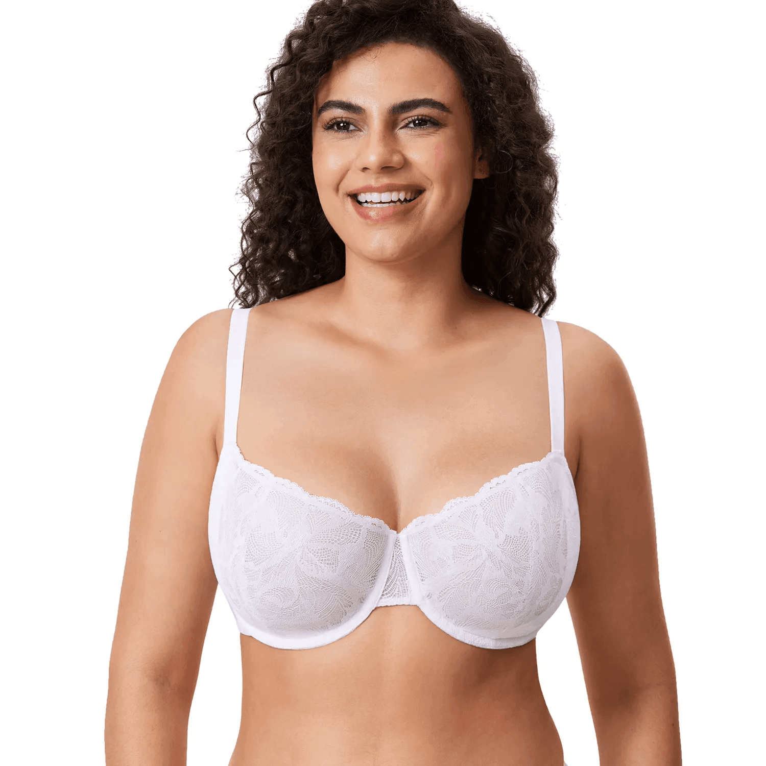 Front view of white lace plus size bra with scalloped edges and adjustable straps - MissFine