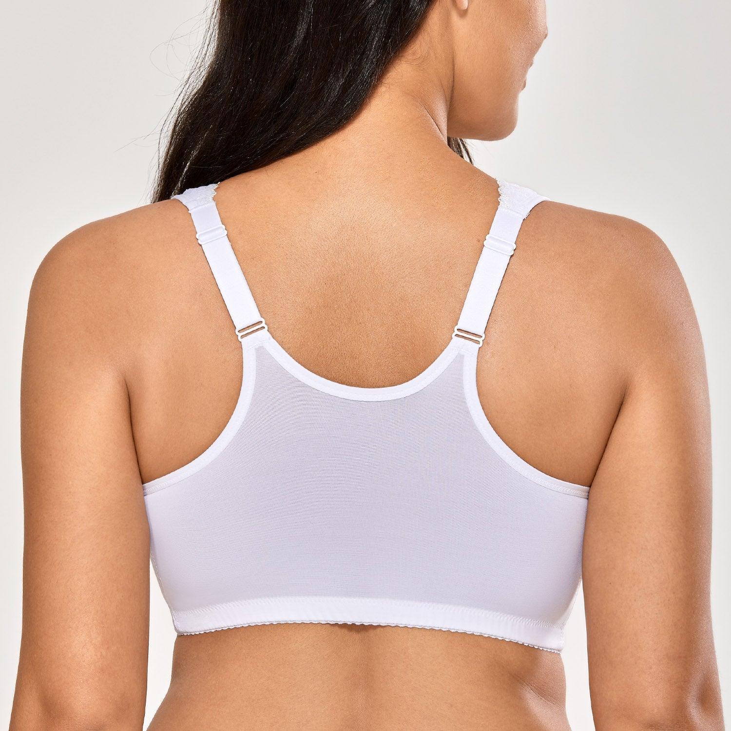 Back angle highlighting smooth back band and supportive side panels on white bra - MissFine