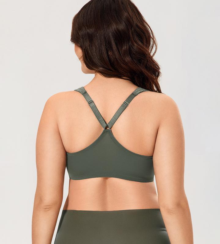 Back view of olive green bra with crossover adjustable straps and smooth band - MissFine