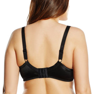 Back view of black full coverage bra with hook-and-eye closure and wide adjustable straps - MissFine