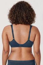 Close-up of underwire support and full coverage molded cups on nude minimiser T-shirt bra - MissFine