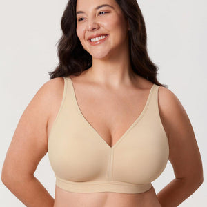 Front view of beige plus size wireless bra with full coverage V-neck cups and wide underband - MissFine