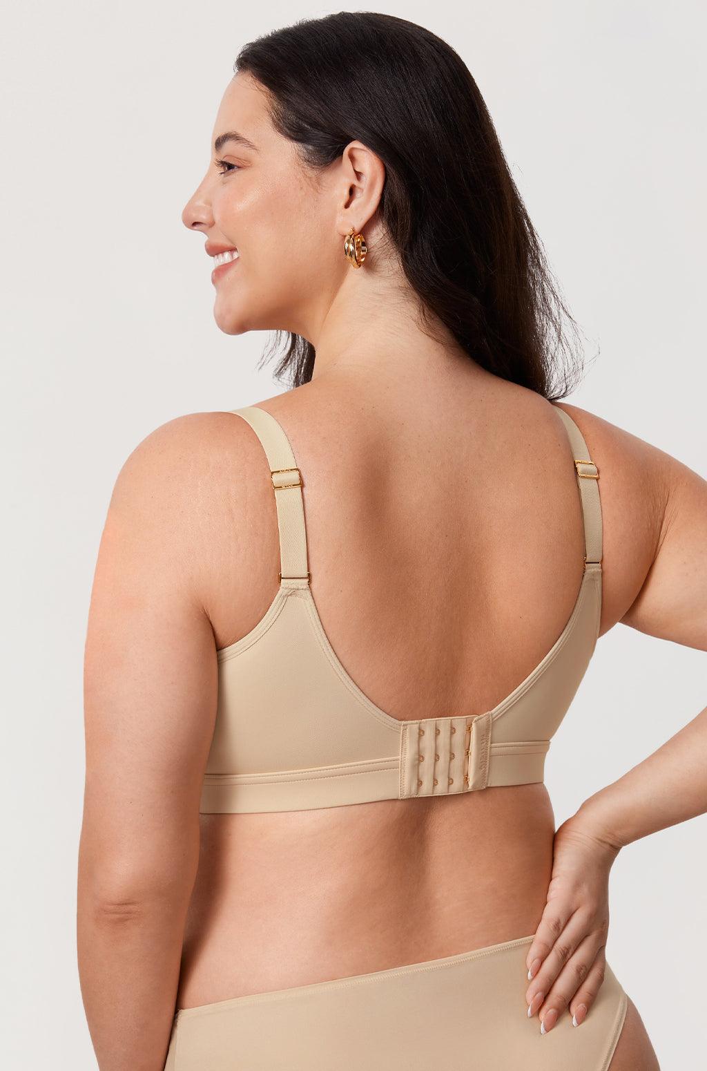 Back view of black plus size bra highlighting wide adjustable straps and multi-hook back closure - MissFine