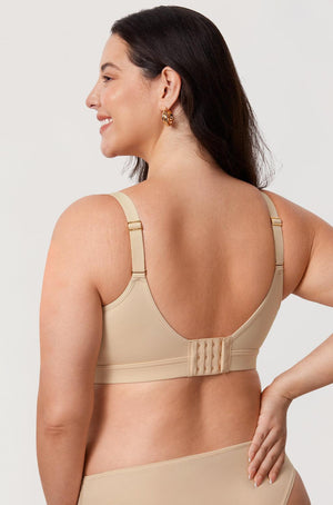 Back view of black plus size bra highlighting wide adjustable straps and multi-hook back closure - MissFine