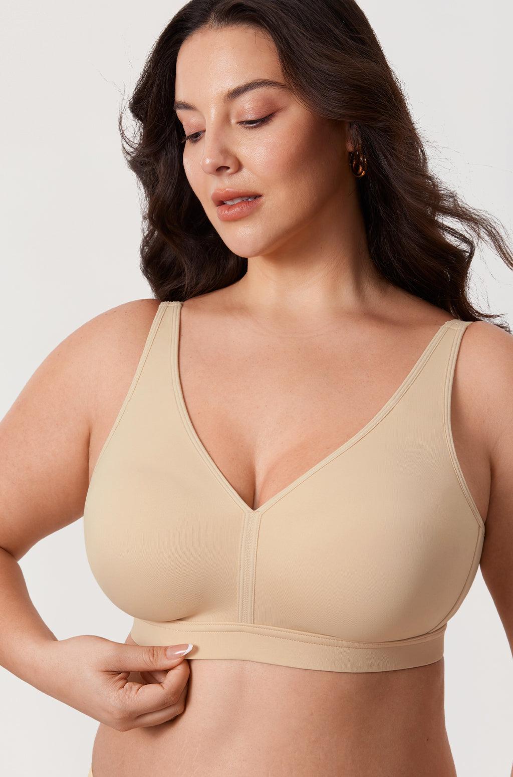 Back view of beige posture support bra with wide band, hook-and-eye closure and U-shaped back - MissFine