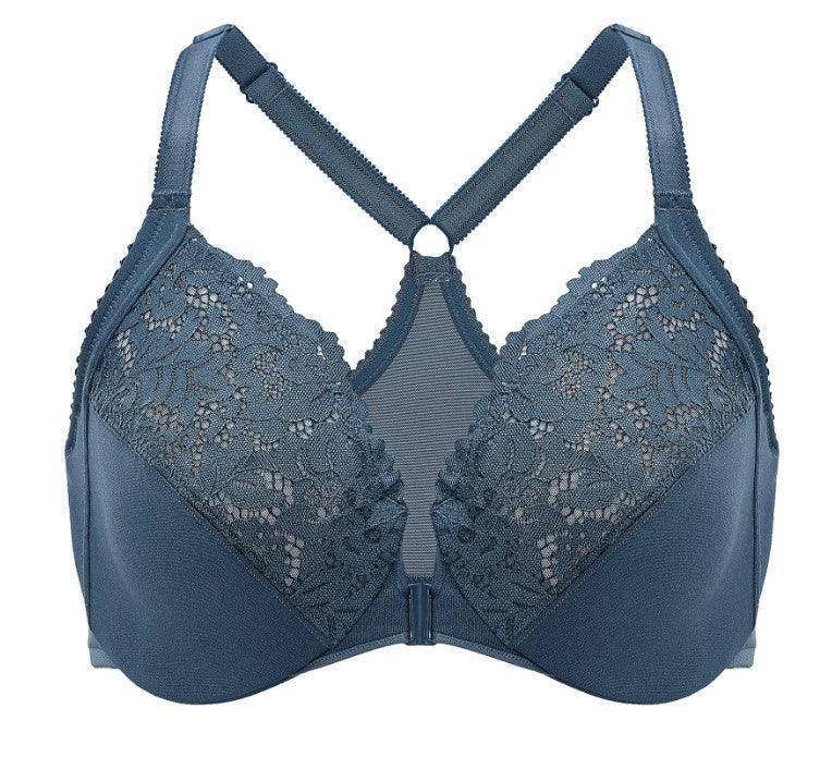 Side angle showing adjustable straps and plunge front clasp on blue lace bra - MissFine
