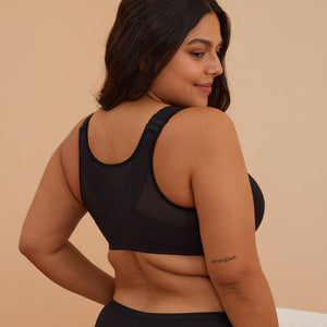 Front view of black plus size front closure bra with smooth molded cups and plunge neckline - MissFine