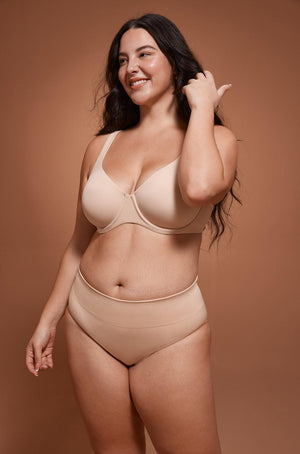 Back view of nude bra with three-hook back closure and adjustable shoulder straps on model - MissFine