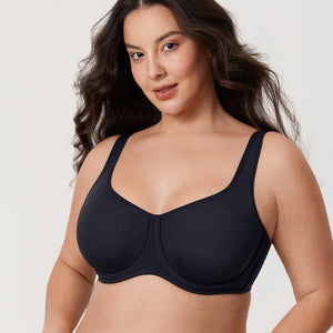 Front view of black full cup t shirt bra with smooth molded cups and underwire - MissFine