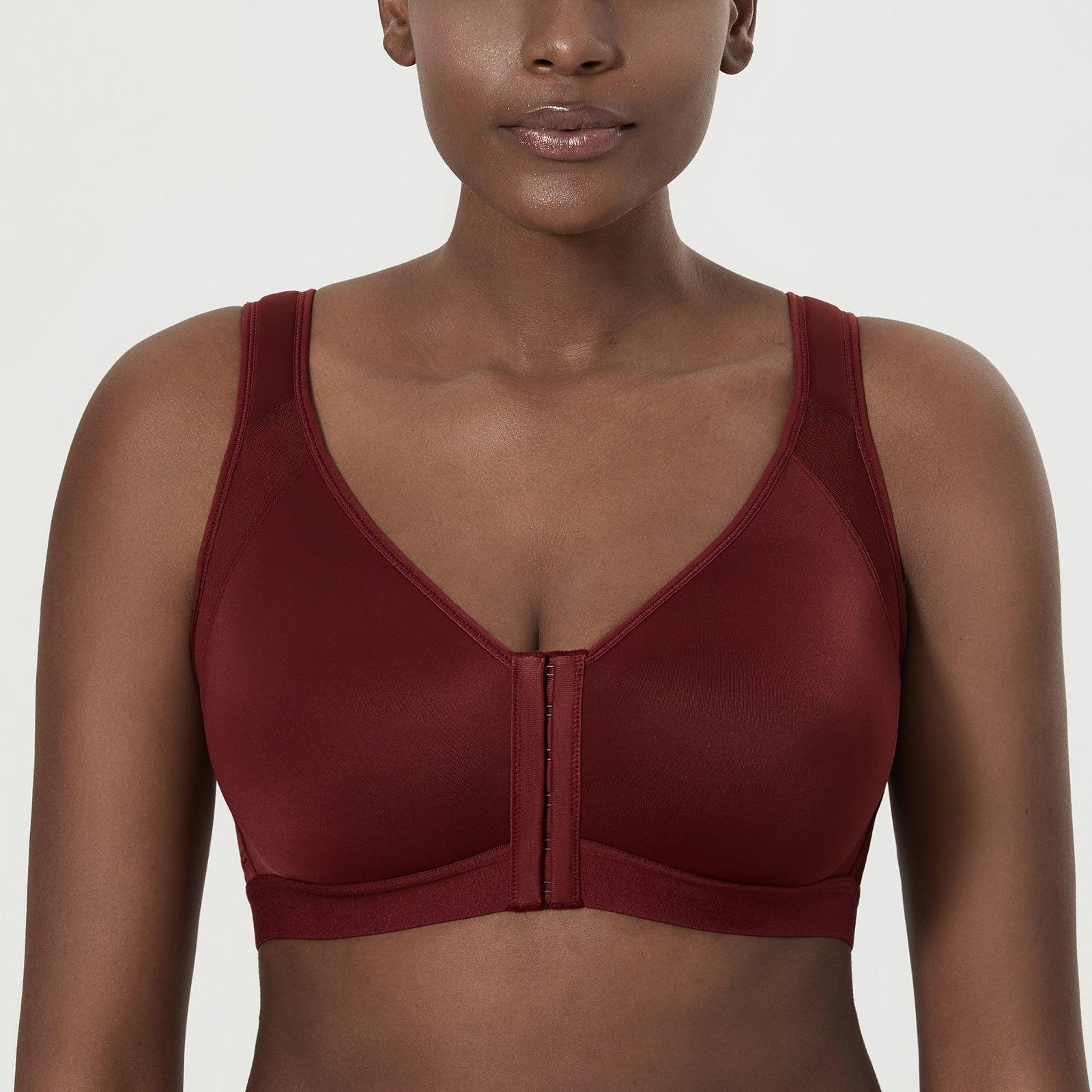 Front view of chestnut-chocolate wireless full cup bra with zip front closure and molded cups - MissFine