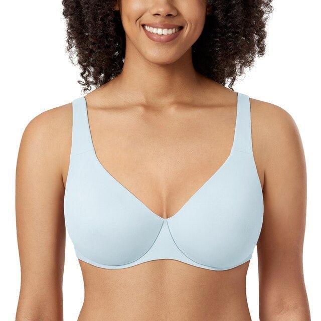 Front view of light blue cotton full cup underwired plus size bra with seamless molded cups - MissFine