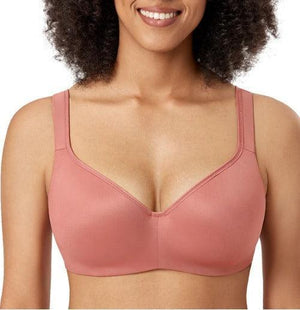 Close-up of pink molded V-neckline cups highlighting smooth, seam-free T-shirt surface - MissFine