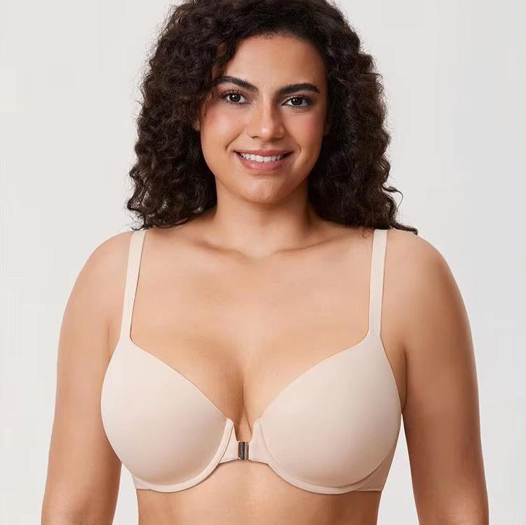 Front view of plus size smooth nude front closure bra with molded full coverage cups - MissFine