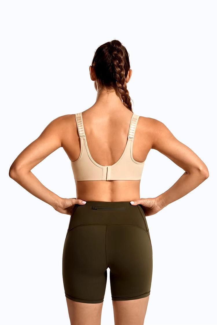 Back view of nude sports bra with wide adjustable straps and hook-and-eye closure - MissFine