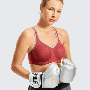 Front view of coral red full coverage sports bra with molded cups and underwire support - MissFine