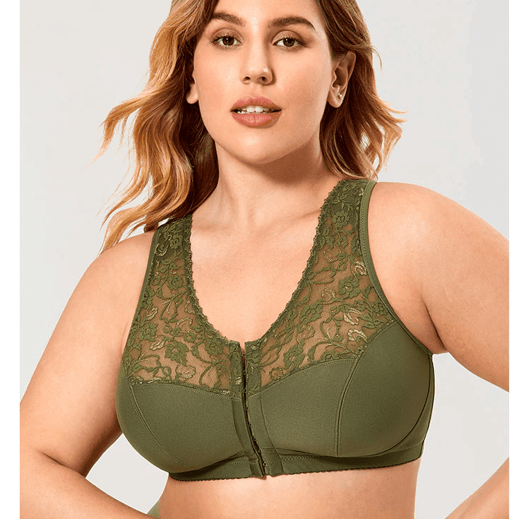 Front view of olive green zip front plus size full cup bra with lace upper cups and wide straps - MissFine