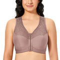 Front view of mauve plus size full cup padded front closure bra with lace straps - MissFine