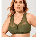 Front view of olive green zip front plus size full cup bra with lace upper cups and wide straps - MissFine