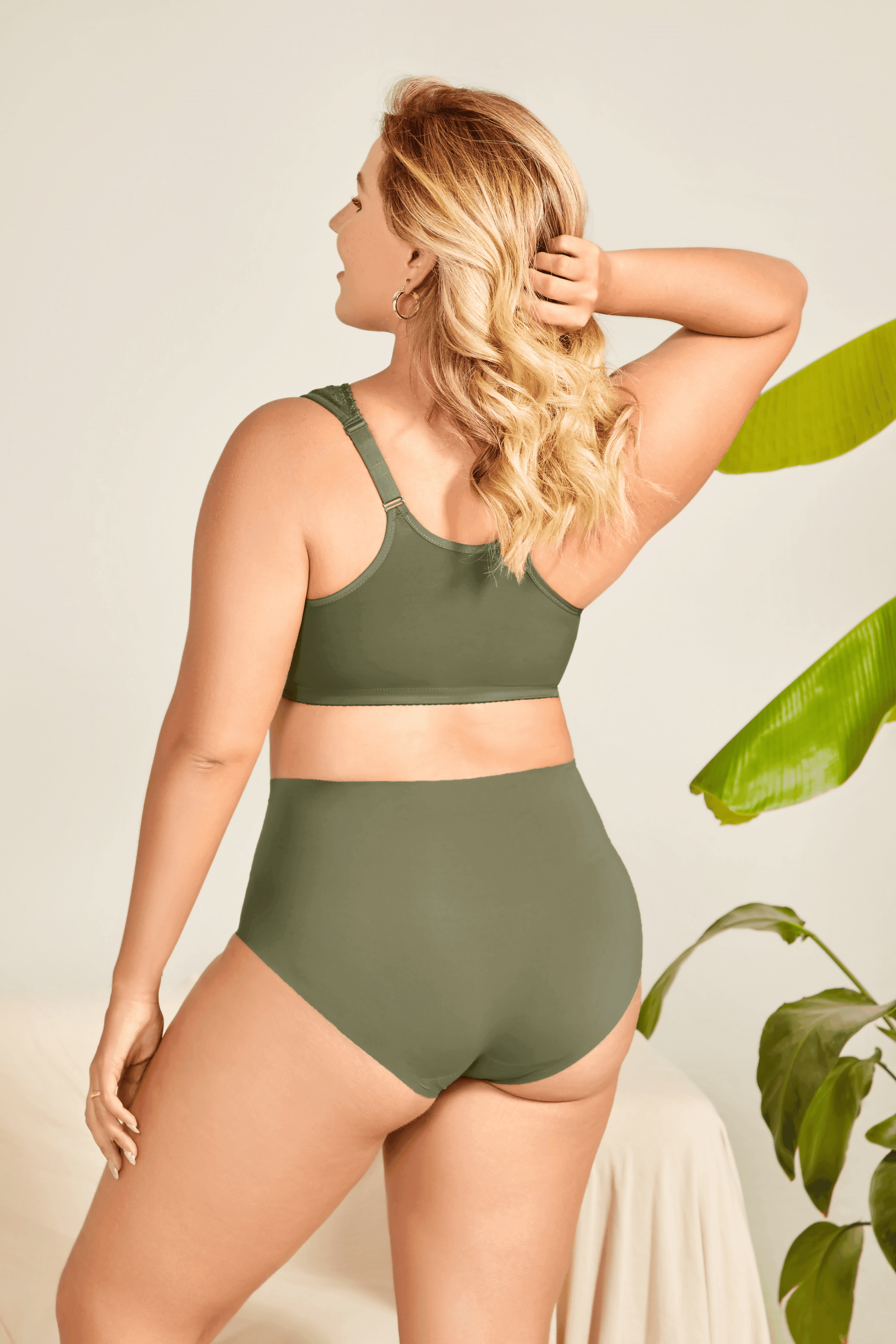 Back view of olive green plus size bra with smooth band and adjustable straps - MissFine