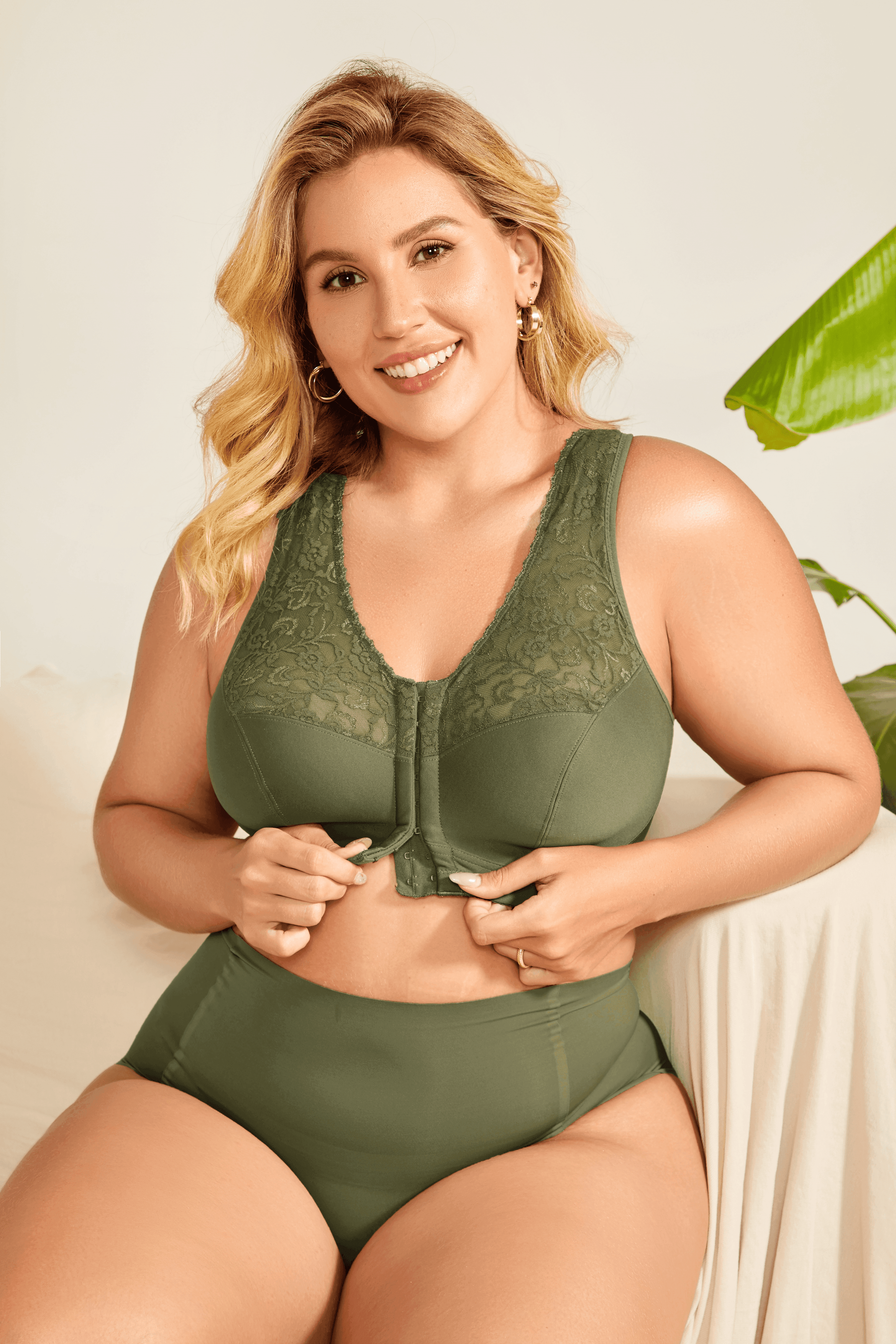 Close-up of olive green padded zip front bra showing lace detail on cups and straps - MissFine