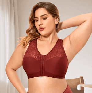 Front view of burgundy wireless full coverage bra with lace straps and center zip closure - MissFine