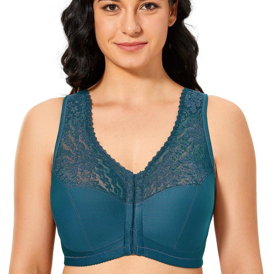 Front view of blue wire-free full cup bra with lace neckline and front hooks - MissFine