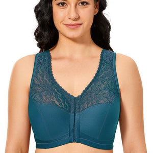 Front view of blue wire-free full cup bra with lace neckline and front hooks - MissFine