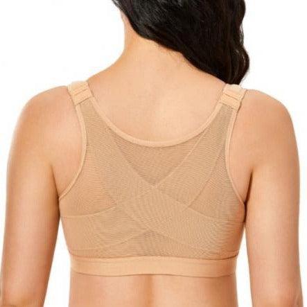 Front view of nude plus size front closure bra with wide straps and smooth cups - MissFine